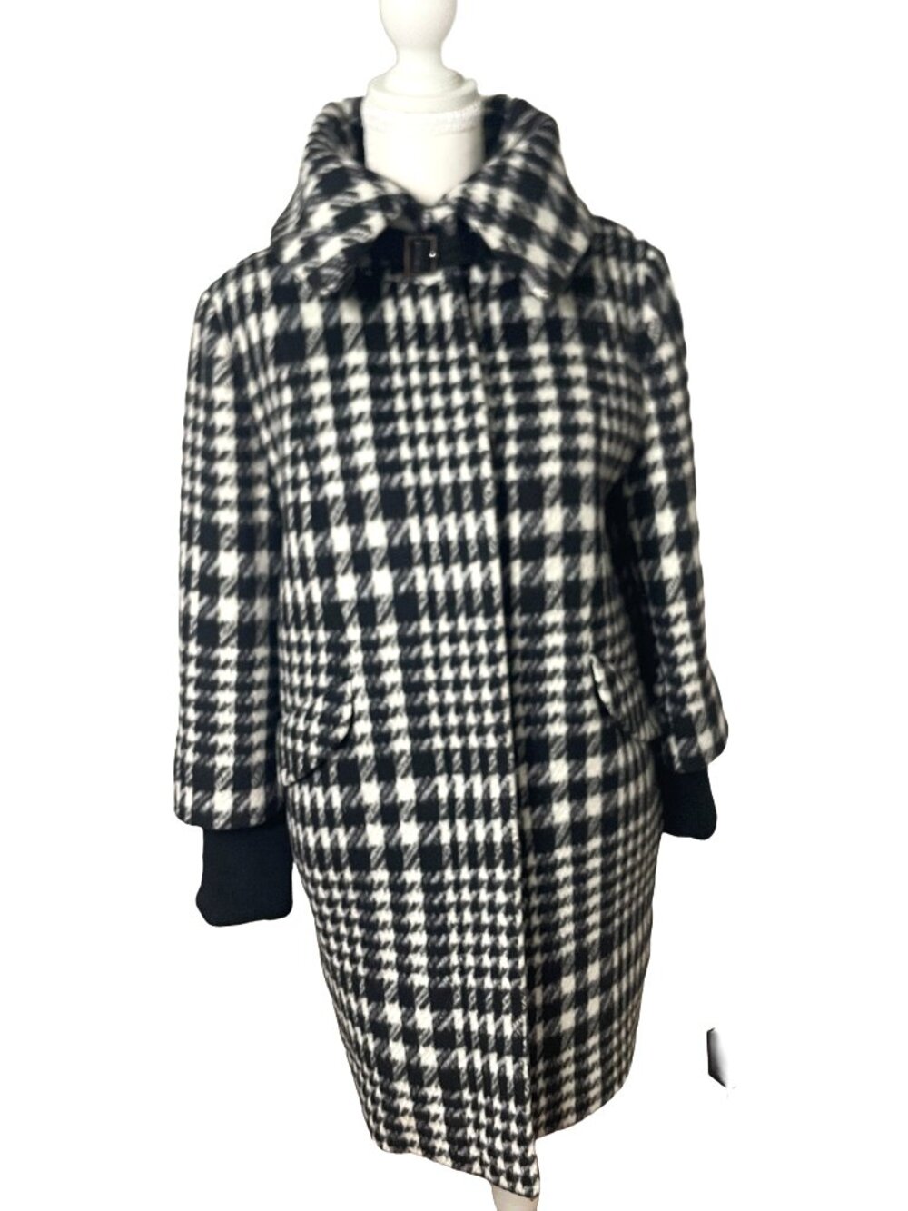 Cole Haan Black Ivory Houndstooth Wool Blend Coat Funnel Collar Size 4